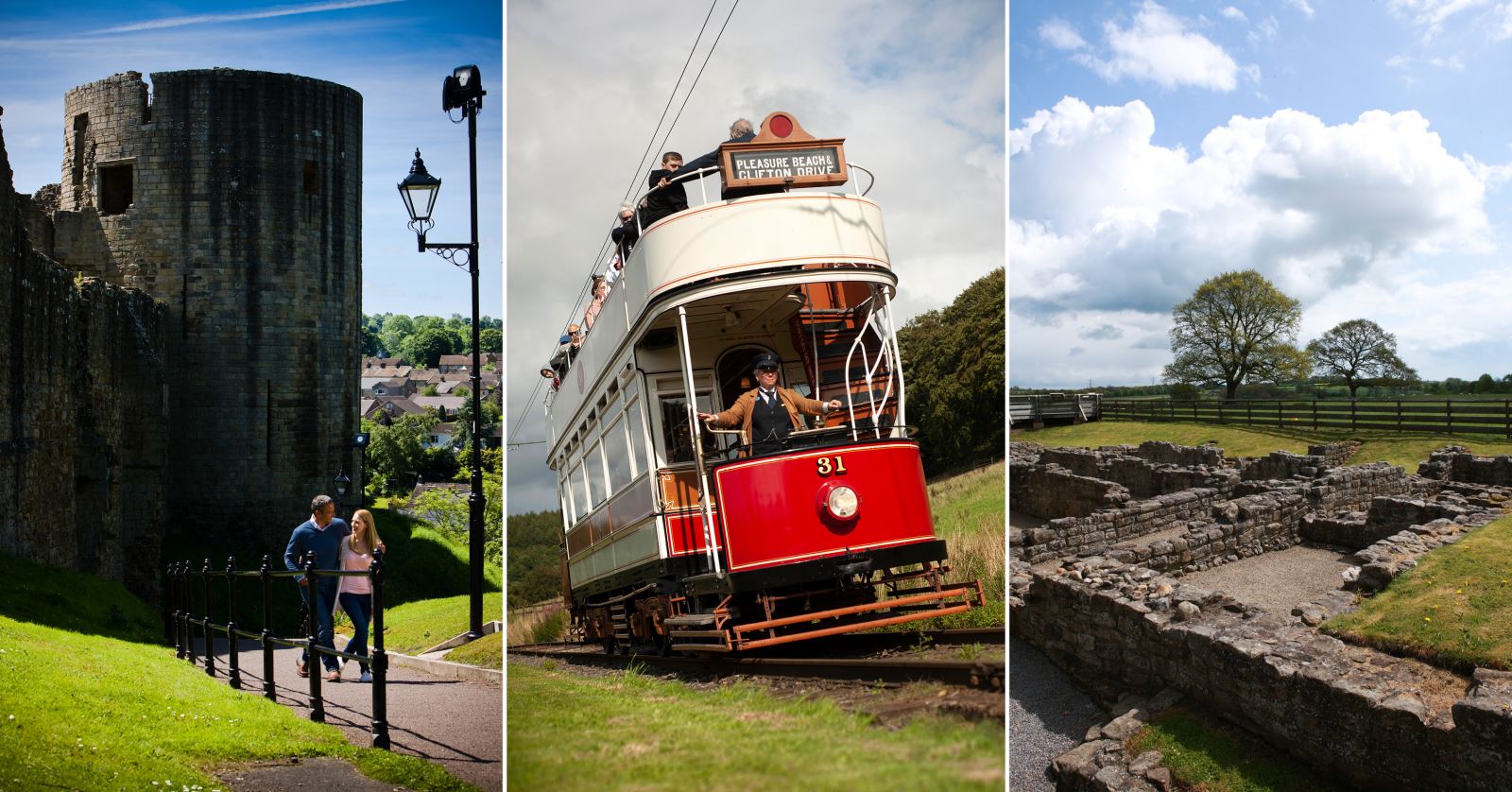 left to right - couple walking at Barnard Castle, tram at Beamish Museum and Binchester Roman Fort